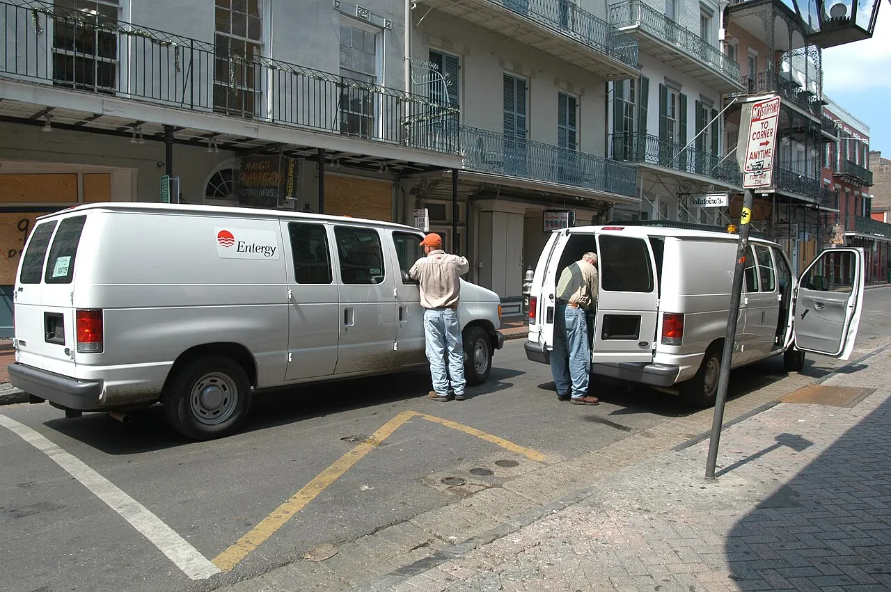 Entergy electricians parked on Bourbon Street in New Orleans