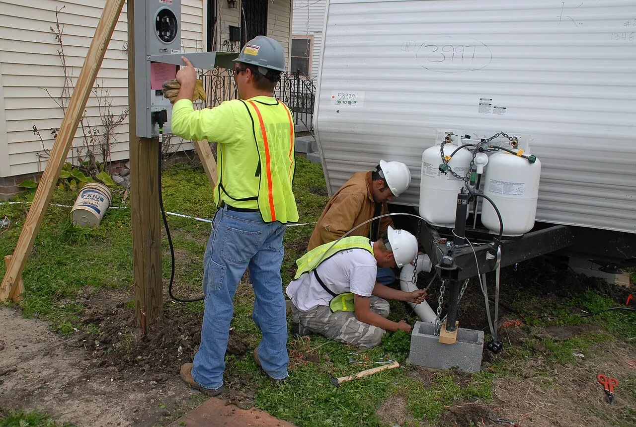 Electricians working at a meter pole outside a New Orleans home
