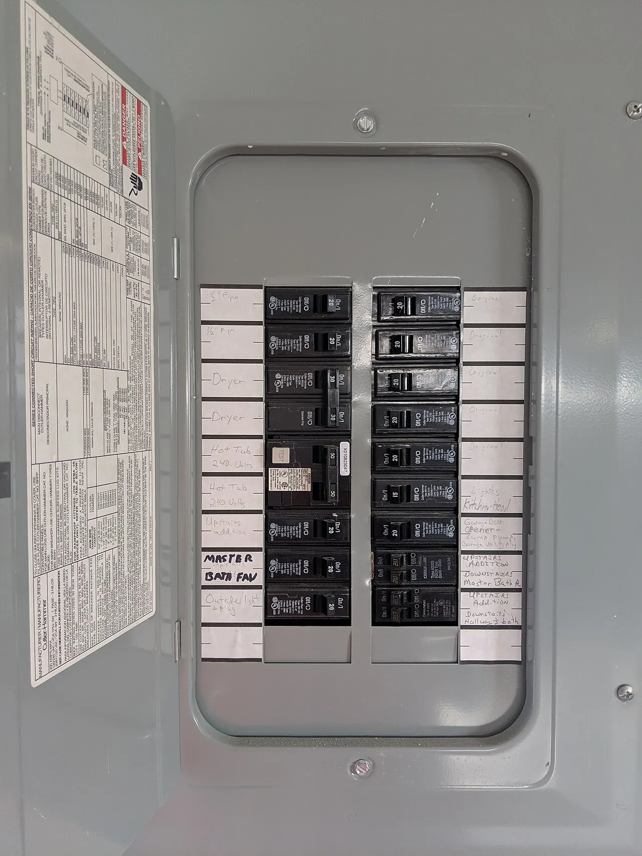 Open residential breaker panel with labeled circuits