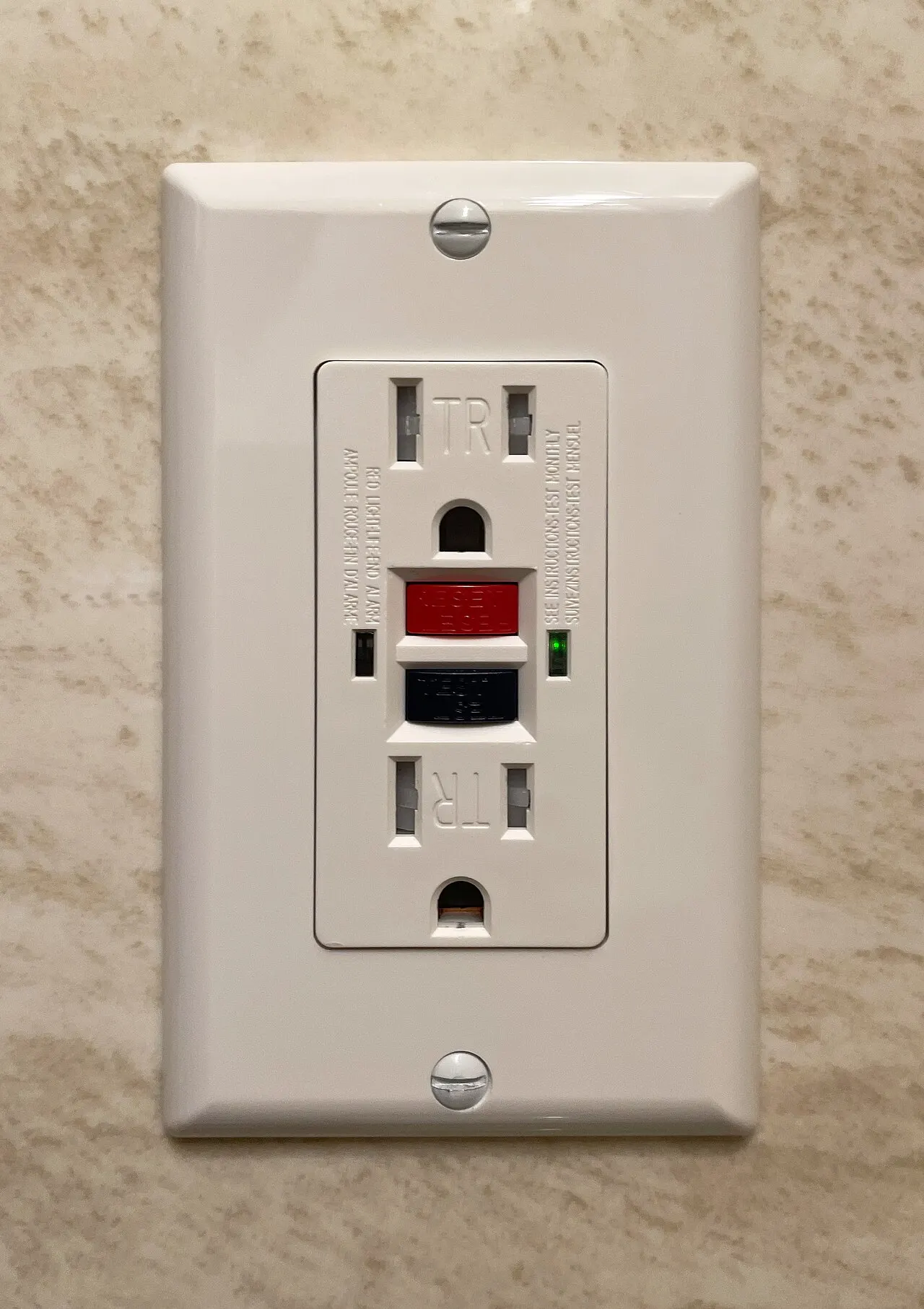 Standard US GFCI outlet with test and reset buttons
